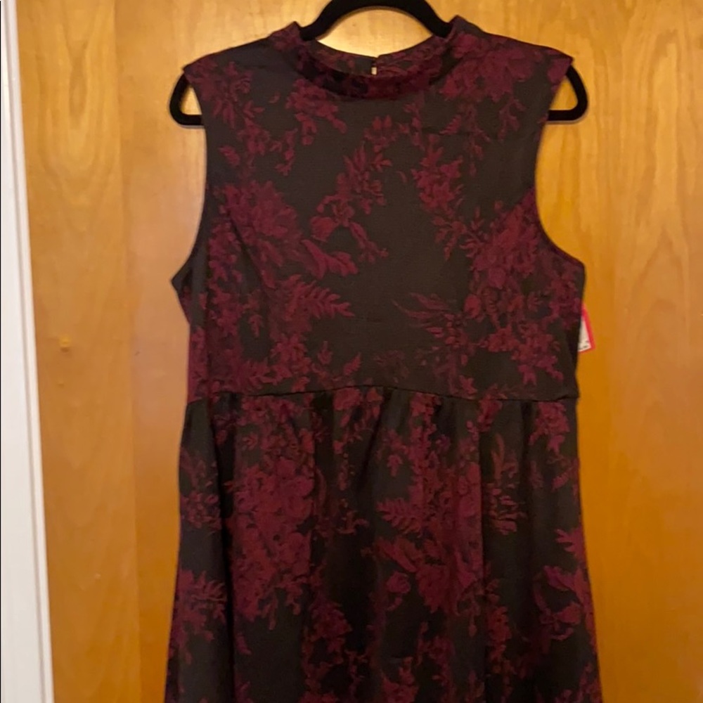 High neck, empire waist, plum, jacquard like dress